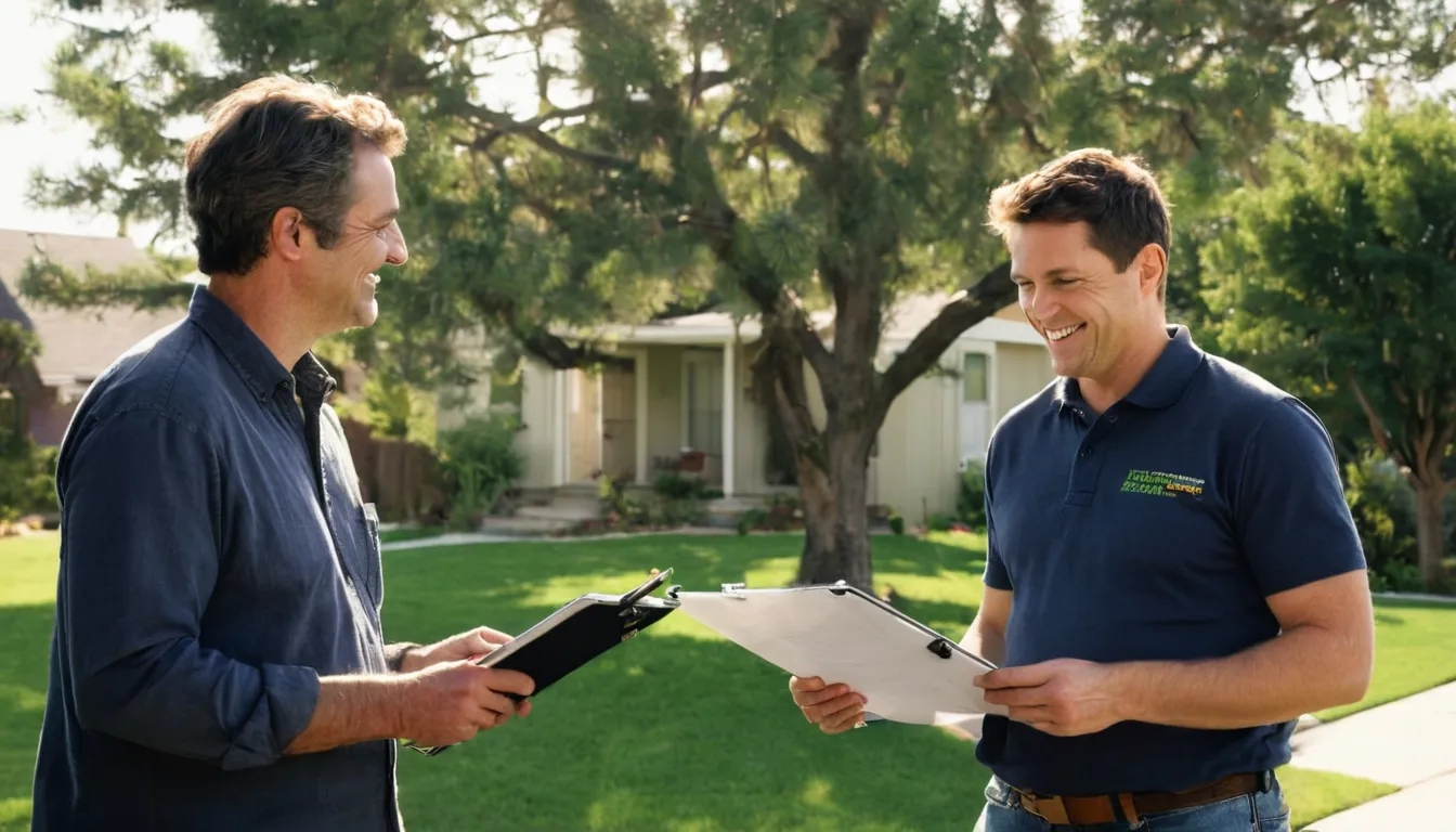 A homeowner reviewing a written tree removal quote with a local provider