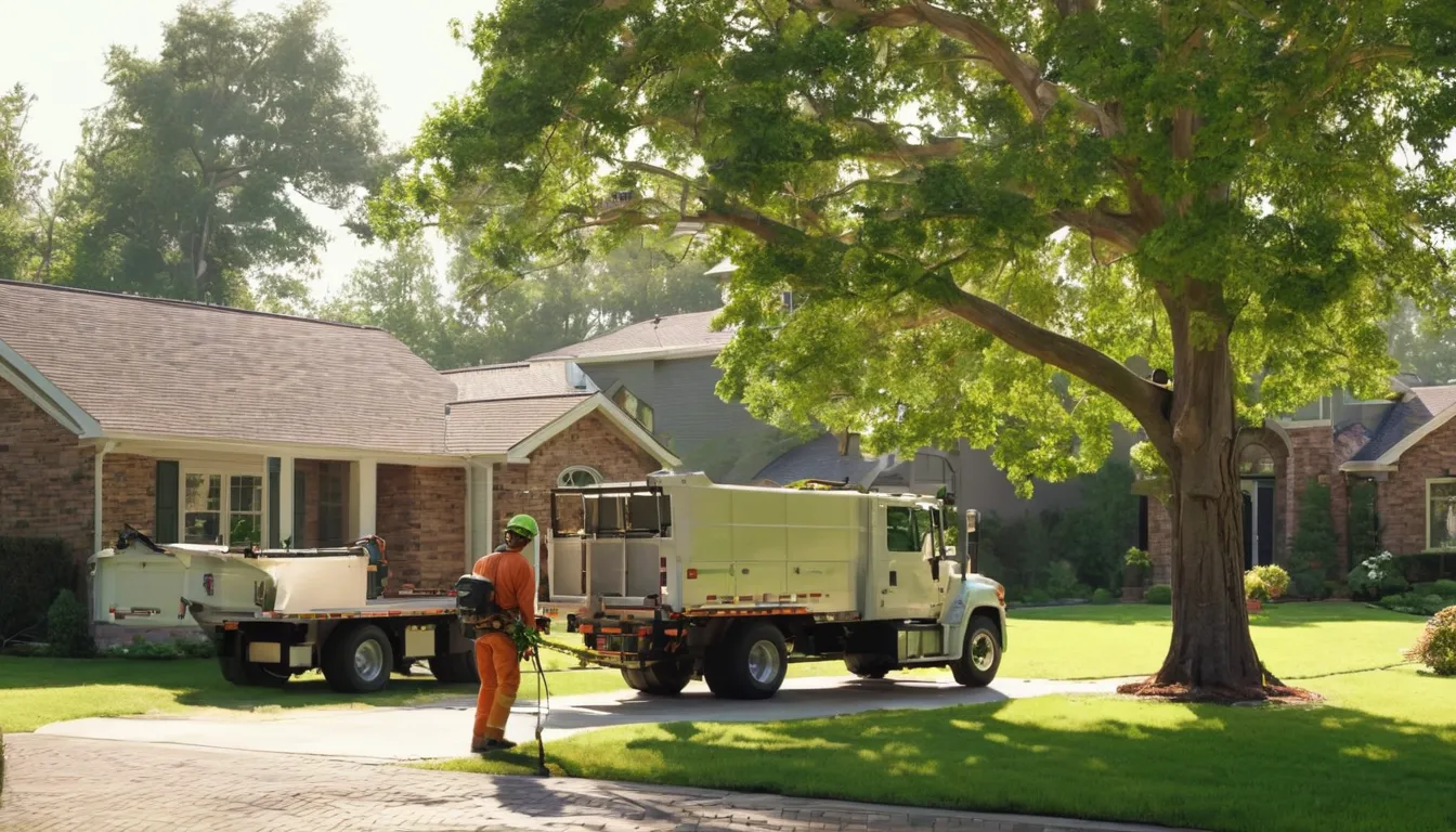 A tree removal provider working safely on a large tree beside a home in Vestavia Hills